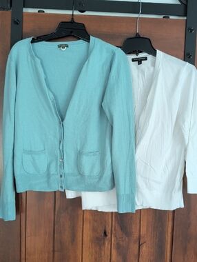 Eddie Bauer Light Teal Cotton Cardigan And Banana Republic 3/4 Sleeve White